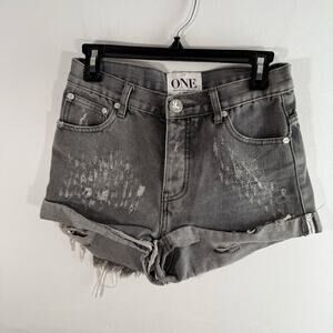 One Teaspoon Hawks Gray Black Distressed High Rise Relaxed Denim Shorts 26